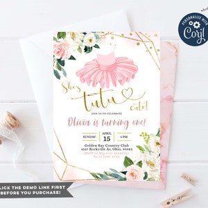 EDITABLE Ballerina Tutu Cute First Birthday Invitation, Tutu Cute Ballet Birthday invite, Printable Elegant Gold Pink & White Flowers, Z93