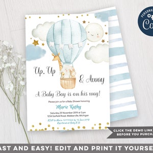 Hot Air Balloon Boy Baby Shower Invitation, jungle animals baby shower invitation, up and away baby shower invitation, baby boy shower, EV79