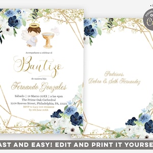 Invitación editable de bautizo de niño con flores azules españolas, con purpurina dorada, Z92