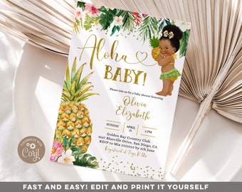 Editable Tropical Luau African Afro Girl Baby Shower Invitation, Aloha baby girl shower, Pineapple floral summer tropical Baby shower, Z81