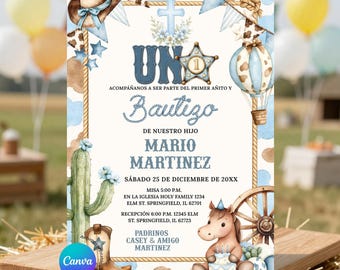 Invitación editable para fiesta de bautizo y rodeo con temática de vaquero azul en español, primer cumpleaños con temática de rodeo y bautizo campestre con vaquero azul, ZLC07