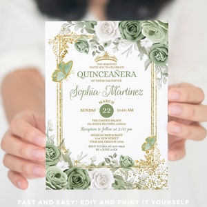 Editable Quinceañera Gold & Sage Green Mexican Princess Invitation, Girl 15 Anos Mis Quince butterfly 16th birthday Gold Crown Glitter, S385