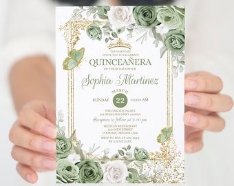 May include: Green and white floral Quinceañera invitation with gold accents. The invitation features a butterfly, a crown, and the text "The Martinez Invite You To Celebrate Quinceañera of Their Daughter Sophia Martinez March 22 10.00 AM The Garden Palace 232 Avana Rd, Ohio, 2235533 Reception to follow at 2.00 pm Mexican Restaurant 1234 New Street Coos Bay, Oregon 12345 RSVP to Mia at 009-9868 By 5 June 20XX".