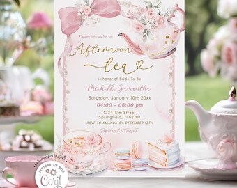 Invitación editable para merienda con lazo coqueto y perlas, invitación para despedida de soltera con flores rosa rubor para tomar el té con la futura novia, B6