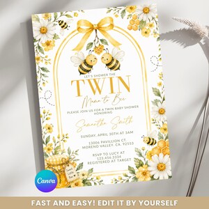 May include: A rectangular baby shower invitation card featuring a yellow bow, two cartoon bees, honeycombs, and white daisies. The text reads: LET'S SHOWER THE TWIN Mama to Bee, PLEASE JOIN US FOR A TWIN BABY SHOWER HONORING Samantha Smith, SUNDAY, APRIL 30TH AT 3AM, 13006 PAVILLION CT. MORENO VALLEY, CA. 92553, RSVP TO LUCY AT 123.456.3334, REGISTERED AT TARGET.