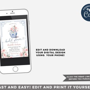 May include: A digital invitation for a bridal shower featuring a blue and white porcelain vase with pink flowers. The invitation has a light blue background with a white border and the text "bridal shower" in a pink font.