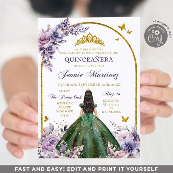 Editable enchanted forest quinceañera invitation, purple floral and hunter green mis quince invite, gold crown princess quicneañera años Q5