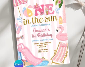 Editable Pink Stripe ONE in the sun beach Party girl Birthday Invitation, Fun Summer Swim Party Neutral Invite, Birthday Beach Party Z101