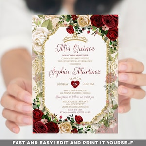 Elegant Red Roses Quinceañera invitation, Editable Mexican Red Flowers 16th Birthday Girl party, Gold Crown 15 Anos Mis quince invite, S444