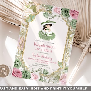 Editable 3 anos Sage Pink Flowers Mexican Girl Invitation, Spanish girl 3rd birthday invite, elegant gold presentacion de tres Anos S444S