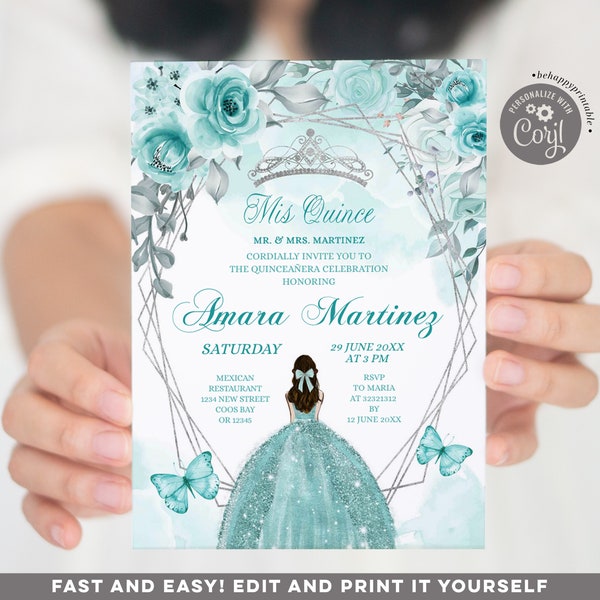 Silver and aqual teal quinceañera invitation, turquoise dress girl sweet 16 birthday, elegant geometric butterfly floral 15 años invite S379