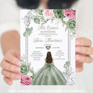 Editable Silver Sage Green and Pink Mexican Princess Quinceañera Invite, Elegant Girl 15 Anos Mis Quince, butterfly 16th birthday, S466