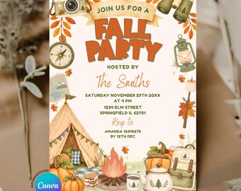Editable Fall Party Backyard Bonfire Camping Party Orange Invitation, Autumn Campfire BBQ House warming, Outdoor Gathering invite, ZLC08