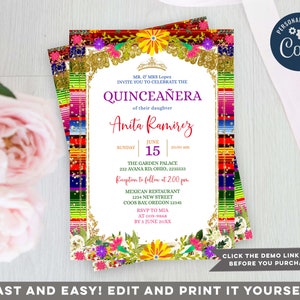 Elegant Miss Quince 15th Birthday invitation, Editable Colorful Flowers, Red Mexican theme Charro Quince Invite, 15 Anos Quinceanera, S258