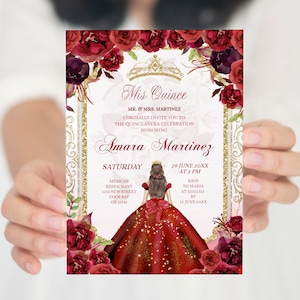 Editable Burgundy Mis Quince Invitation, Floral red dress mexican Quiñceanera invite, burgundy roses spanish girl sweet 16th invitation S380