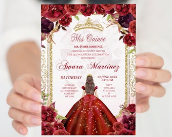 Invitation Mis coings bordeaux modifiable, invitation mexicaine Quiñceanera robe rouge florale, invitation fille douce 16e rose bordeaux S380
