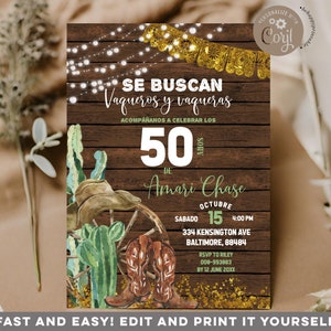 Invito di compleanno in legno rustico modificabile per cowboy western spagnolo, elegante invito di compleanno per adulti in stile cactus del Texas e stile sud-occidentale messicano, S518