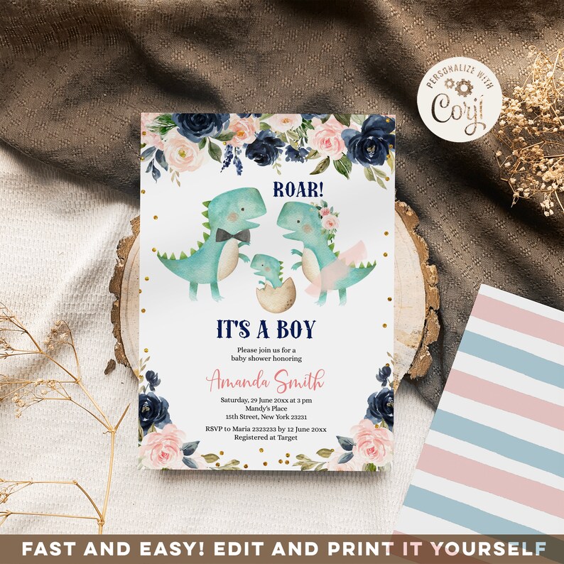 Editable Roar its a boy baby shower invitation Greenery Floral invite Dinosaur baby shower invitation Navy Pink Flowers