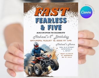 編集可能なFast Fearless & FIVE Racingの誕生日招待状、泥だらけのATVのあらゆる年齢の誕生日パーティー、四輪車の屋外誕生日テーマの招待状CR1