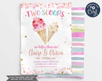 Editable Twin Ice Cream Birthday Invitation, First Birthday Two is Better Than One invitation, Pink White ice cream birthday party, S341