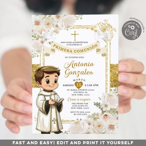 EDITÁVEL Primeira comunhão Menino segurando a Bíblia Primeiro convite, convite floral branco para a primeira comunhão, comunhão de batismo dourada S219