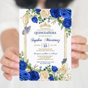 Editable Mis Quince Royal Blue & White Floral Birthday Invitation, Elegant floral Mexican princess quinceañera, Spanish girl sweet 16th S385