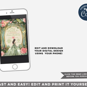 May include: A digital printable invitation for a Quincea&ntilde;era celebration. The invitation features a green and pink floral design with a young woman in a green gown. The text on the invitation reads "Mis Quince" and "Maria Martinez".