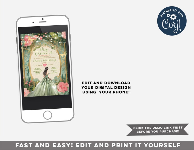 May include: A digital printable invitation for a Quincea&ntilde;era celebration. The invitation features a green and pink floral design with a young woman in a green gown. The text on the invitation reads "Mis Quince" and "Maria Martinez".