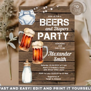 Editable Beers and Diapers Baby Shower Invitation, Wood Rustic dad baby shower party, gender neutral baby diaper keg, brewery baby BR4