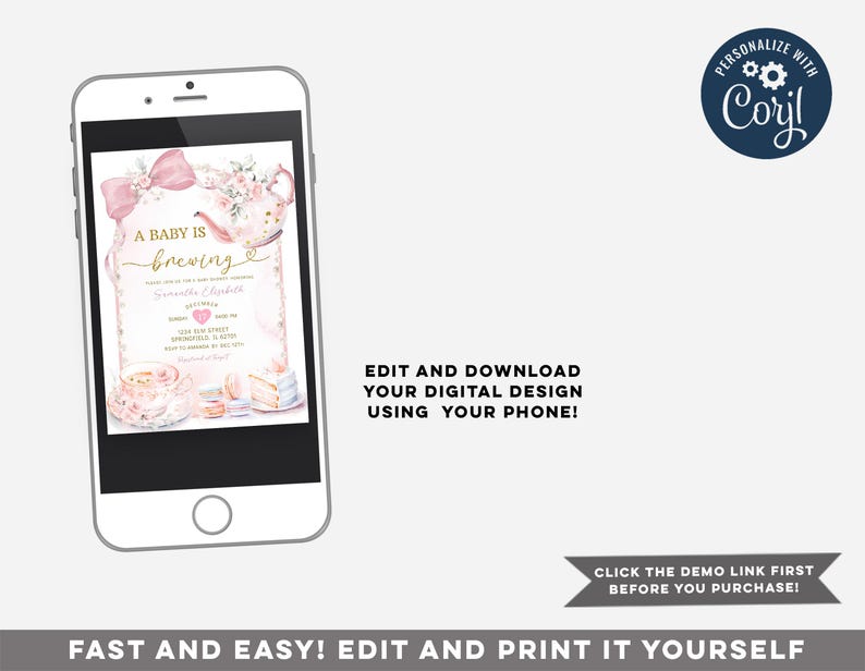 Puede incluir: Una invitaci&oacute;n digital imprimible para una fiesta de bienvenida al beb&eacute; con un dise&ntilde;o de taza de t&eacute; y tetera rosa y dorada. El texto dice "Un beb&eacute; est&aacute; en camino" e incluye el nombre "Samantha Claire".