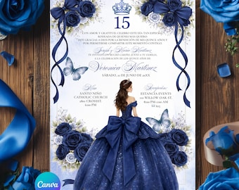 May include: A navy blue quinceañera invitation with floral and butterfly accents. The invitation features a drawing of a woman in a navy blue ball gown. Text includes the number 15, names, and event details.