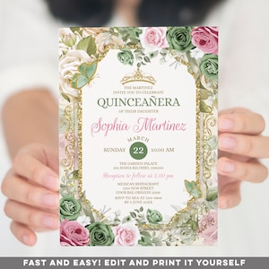 Editable Quinceañera Gold Sage Green and Pink Mexican Princess Invite, Elegant Girl 15 Anos Mis Quince, butterfly 16th birthday Invite, S444