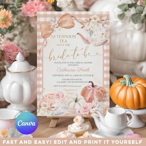EDITABLE Afternoon Tea party Bow Coquette Pumpkin autumn Bridal Shower invitation, Orange Floral Time for Tea with the bride to be invite B6