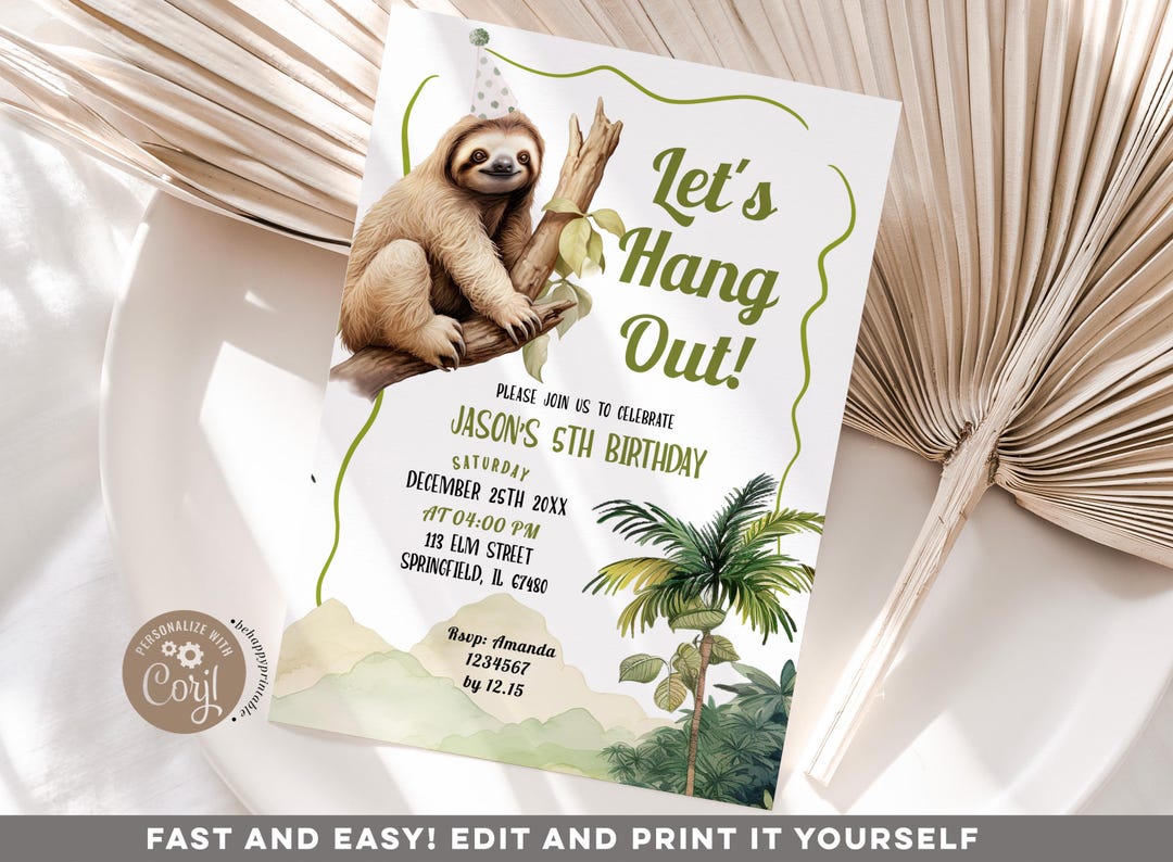 Sloth Border Editable Editable Let's Hang Out Handdrawn Sloth Birthday Invitation, Kids ...