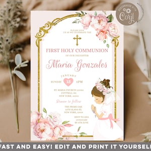 Convite EDITÁVEL para Primeira Comunhão Branco e Rosa Blush, Primeira Comunhão Dourada, Menina Orando Primeira Comunhão, S482