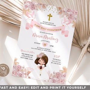 Invito MODIFICABILE per la prima comunione con motivo floreale rosa boho per bambina, prima comunione, bambina che prega per il primo battesimo della comunione, S440