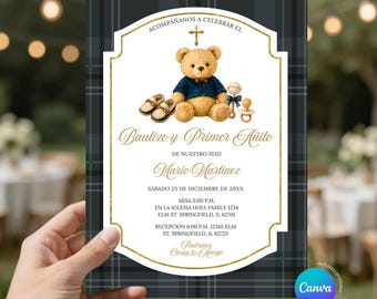 Editable luxury bear bautizo Spanish Fiesta Bautizo y primer anito black plaid Invitation, Classic Baptism & 1st Birthday Christening, Z103