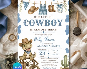 EDITABLE Dino Our Little Cowboy Baby Shower Clothesline Invitation, Cactus Wild West T-Rex New Baby Invite, Blue Dinosaur Baby Shower, ZA01