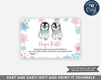 Penguin Winter Gender Reveal Diaper Raffle, He or she waddle it be Raffle Ticket, Boy or Girl Pink & Blue Snowflakes Baby Shower Card, Z136