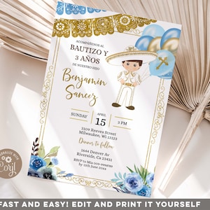 May include: A white invitation with gold and blue accents. The invitation is for a baptism and 3rd birthday party for a boy named Benjamin Sancez. The invitation includes the date, time, and location of the event. The invitation also includes a cartoon image of a boy wearing a sombrero and holding balloons.