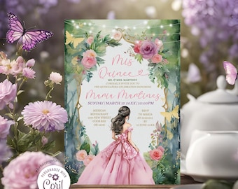 May include: A Quinceañera invitation with a watercolor floral design. The invitation features a young woman in a pink dress, a floral archway, and the text "Mis Quince" and "Maria Martinez".