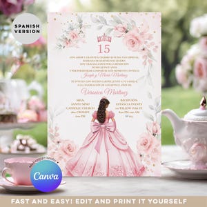 Editable Spanish Pink Mexican Mis Quince 15 Anos Invitation, Pink Quiñceanera Gold Crown Sweet 16th party Blush Pink Floral invite, S488
