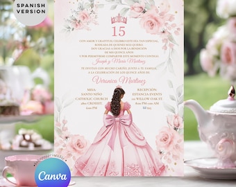 May include: A pink quinceañera invitation with floral accents and the number 15 at the top. The invitation features a girl in a pink gown, with text in Spanish. The Canva logo is visible.