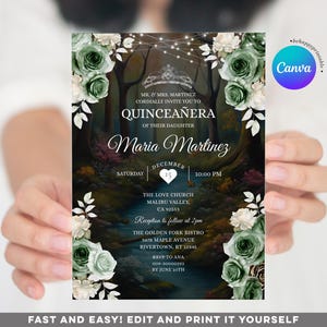 Editable Quinceañera Sage Green Mexican Princess Enchanted Forest Invitation, Girl 15 Años Mis Quince 16th birthday Silver Crown invite S488