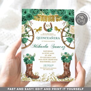 Invitación editable de quinceañera charra verde esmeralda, invitación de quinceañera con botas vaqueras, invitación floral para quinceañera española Z112