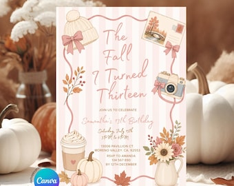 Editable The Fall I Turned 13 Coquette Fall Girl Birthday Invitation, Pink Bow Pumpkin Birthday Invite, Autumn Teen Birthday Template, S615