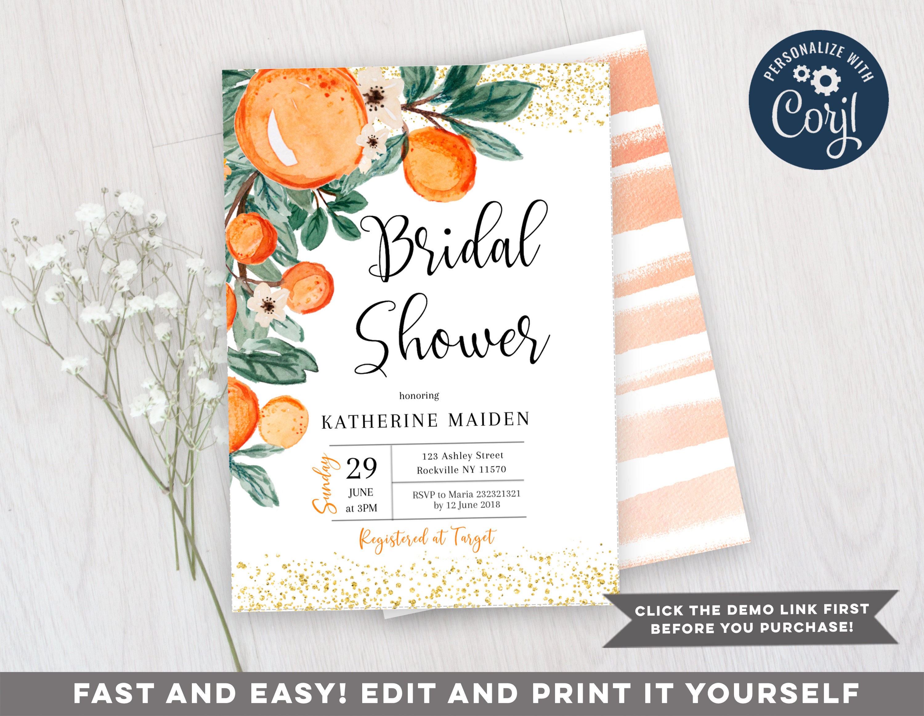 Orange Bridal Shower Invitation Citrus Fruit Orange Bridal Etsy