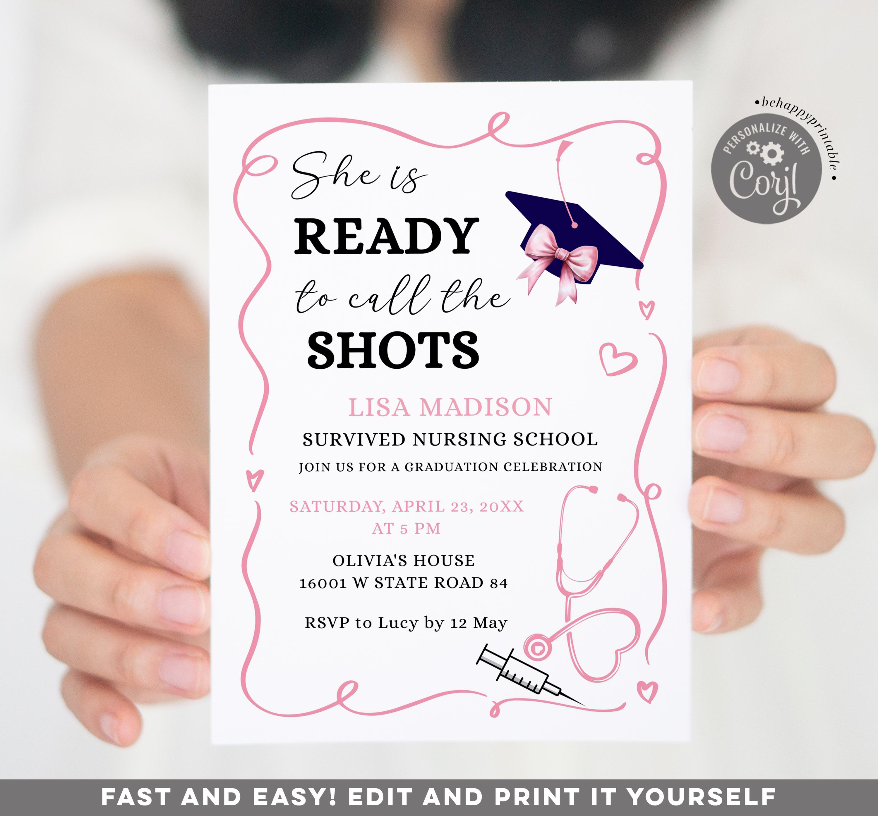 Editable Pink Nurse Graduation Party Invitation, She's Ready to Call the Shots, Modern Nursing Grad Party Medical School Graduation, BR7