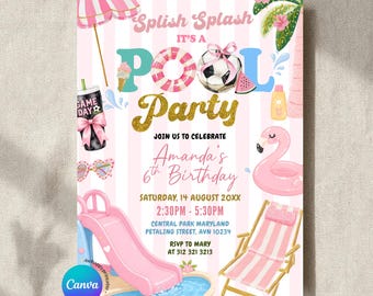 Editable Splish Splash Pink Stripe Soccer Pool party girl Birthday Invitation, Summer Swim Party Neutral Invite, Any Age Birthday Party Z101