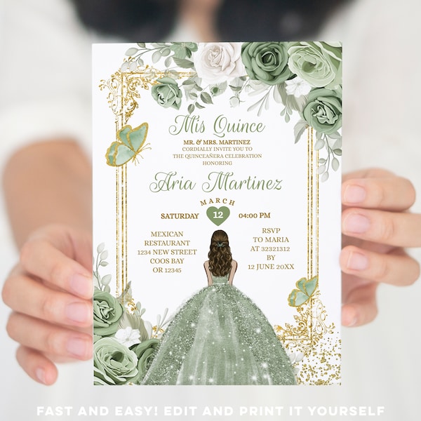 Sage Green & Gold Mexican Princess 15 Anos Mis Quince Invitation, Editable Gold Girl Quinceañera butterfly 16th birthday Crown invite, S385